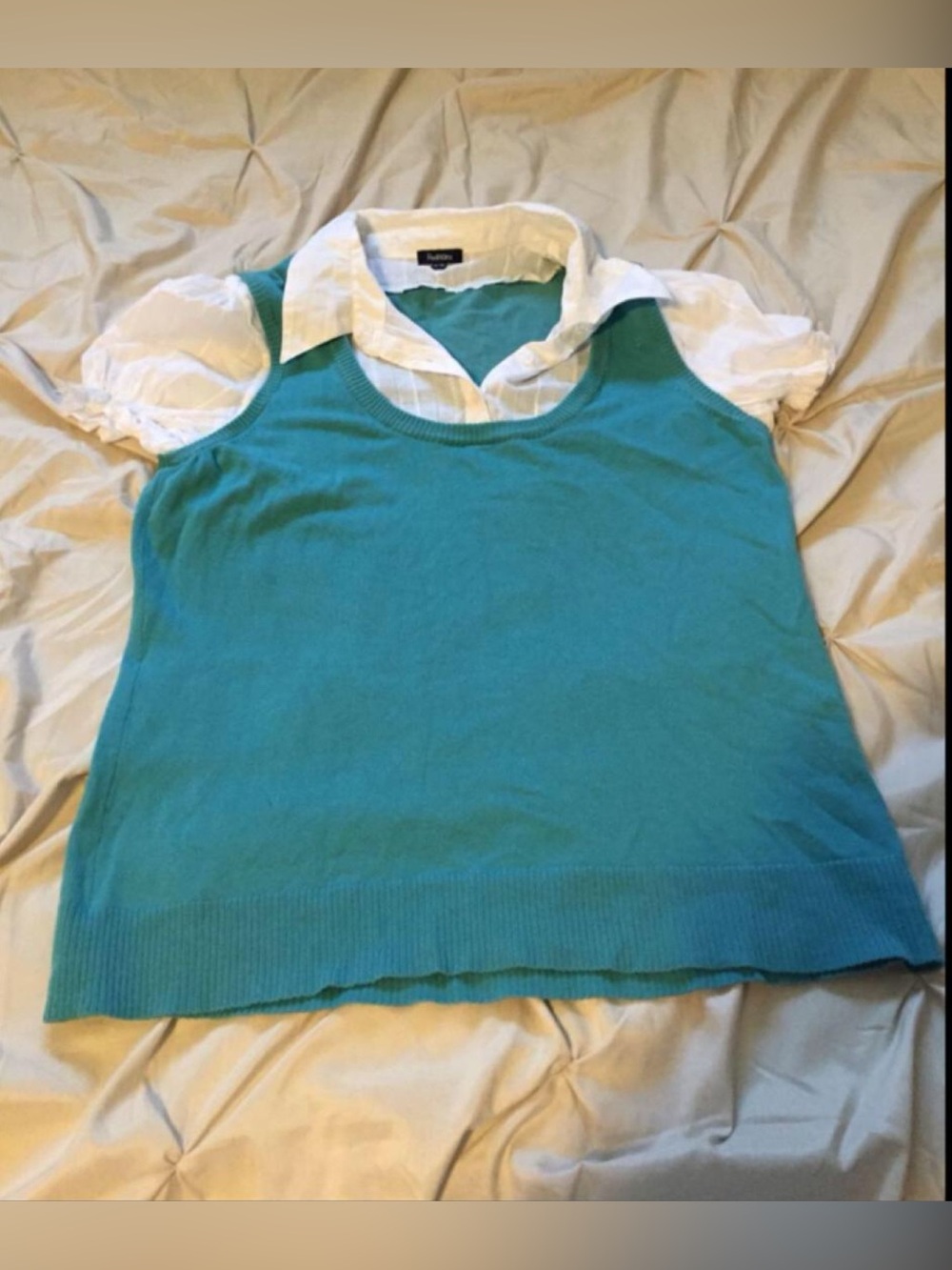 Layered Look Sleeveless Sweater Vest with White Blouse - Teal top
